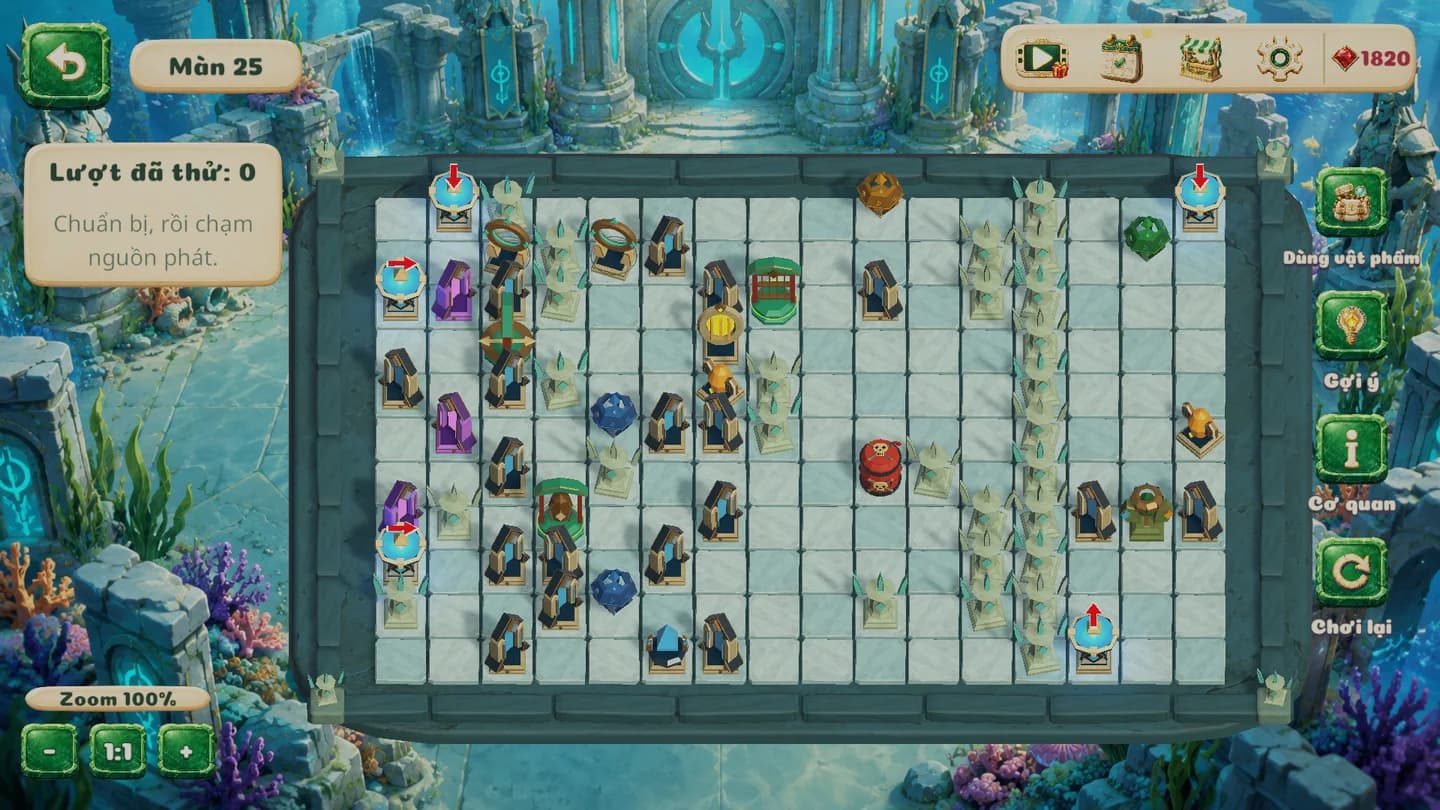 Laser Relics: mirrors, colored crystals and light devices in an underwater Atlantis puzzle chamber